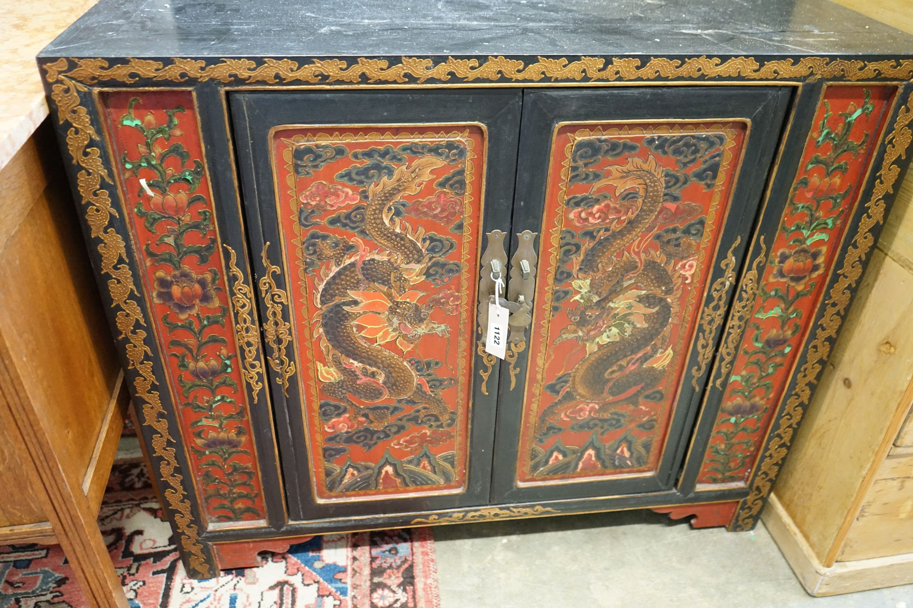 A Chinese lacquer two door side cabinet, width 100cm, depth 38cm, height 86cm